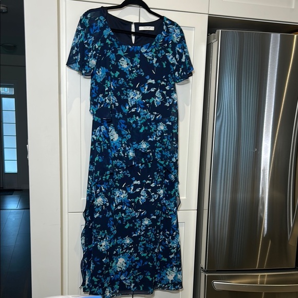 Jacques Vert Collection Blue Floral Chiffon Midi Cocktail Dress Size 10 - Picture 3 of 17
